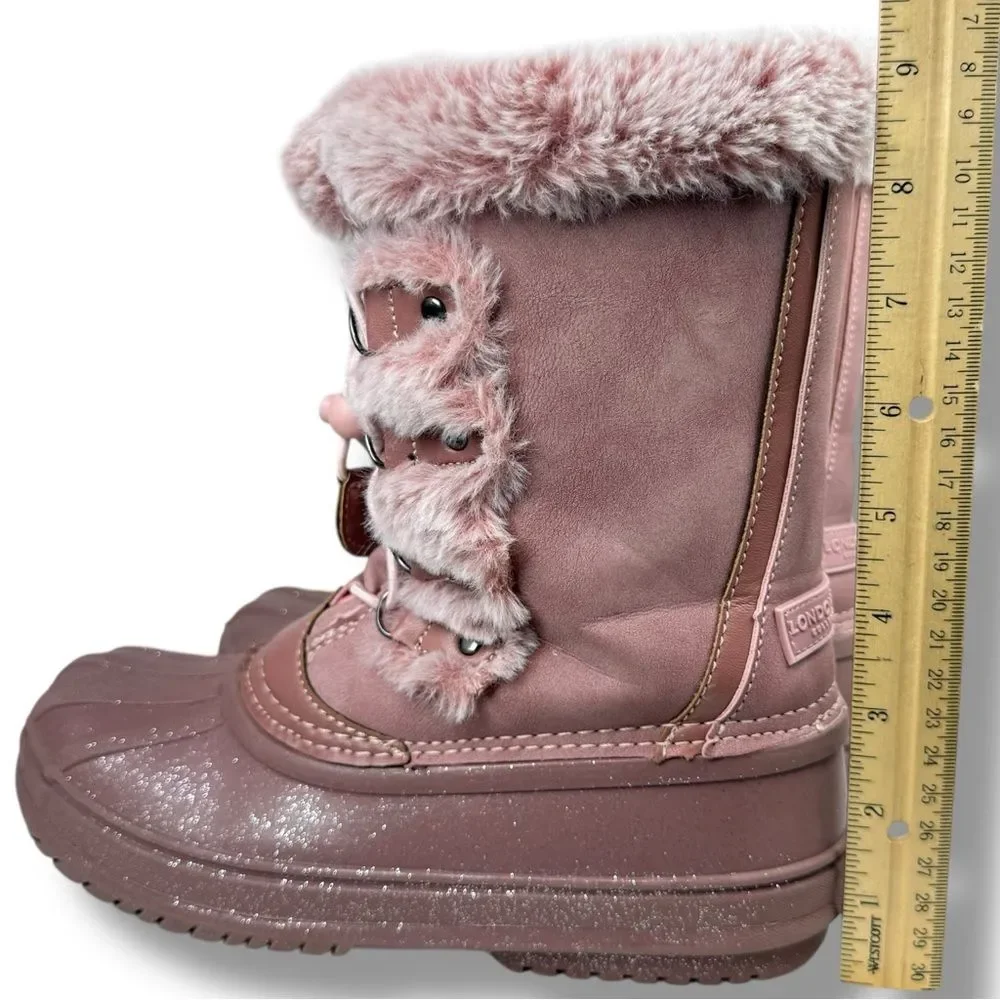 London Fog Faux Fur Winter Boots Pink Suede Size 4 Cabincore Cozy Outdoor